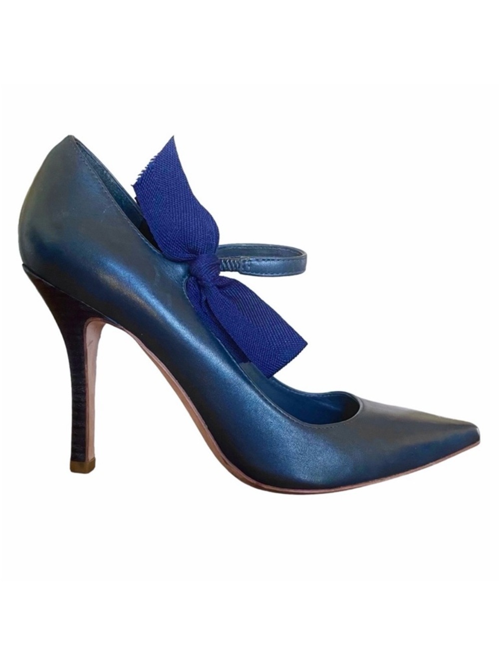 Tory Burch Beverly Navy Leather Bow Mary Jane Pumps Size 9 Pointed Toe Heels - Picture 1 of 10